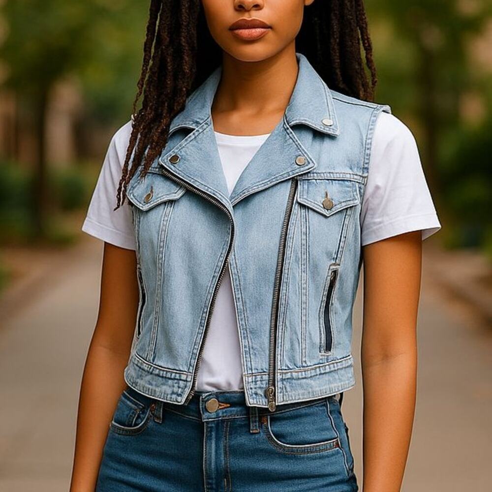Bullhead Y2k Lightwash Moto Quilted Cropped 100% Cotton Denim Vest Size Small